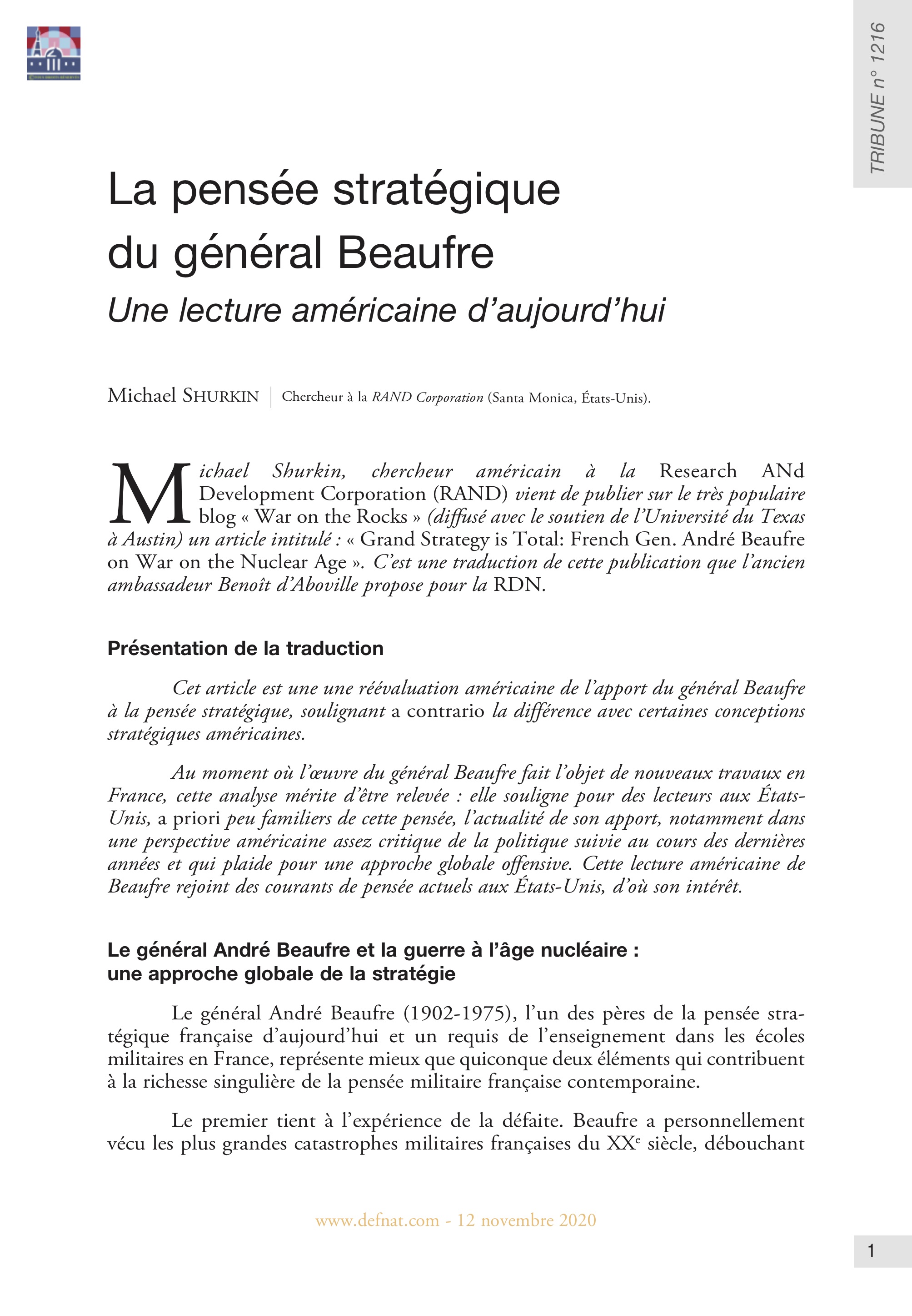 La pensée stratégique du général Beaufre : une lecture américaine d’aujourd’hui (T 1216)
